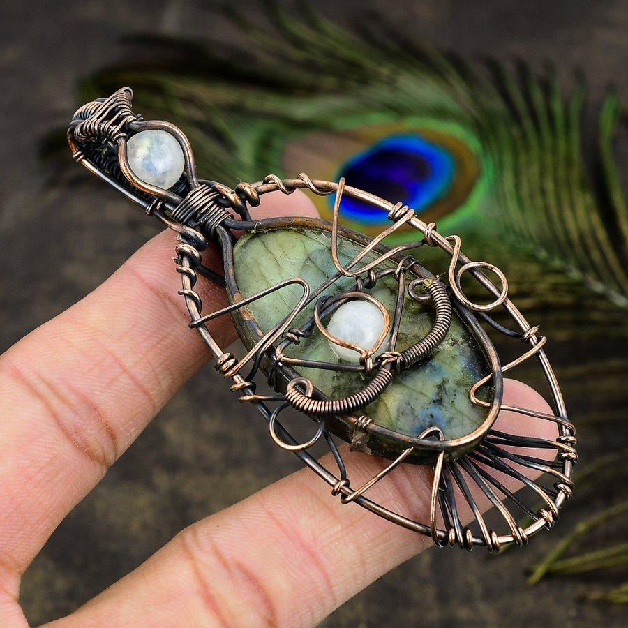 Labradorite, Moonstone Copper Wire Wrap Jewelry Pendant 2.44" l2R56