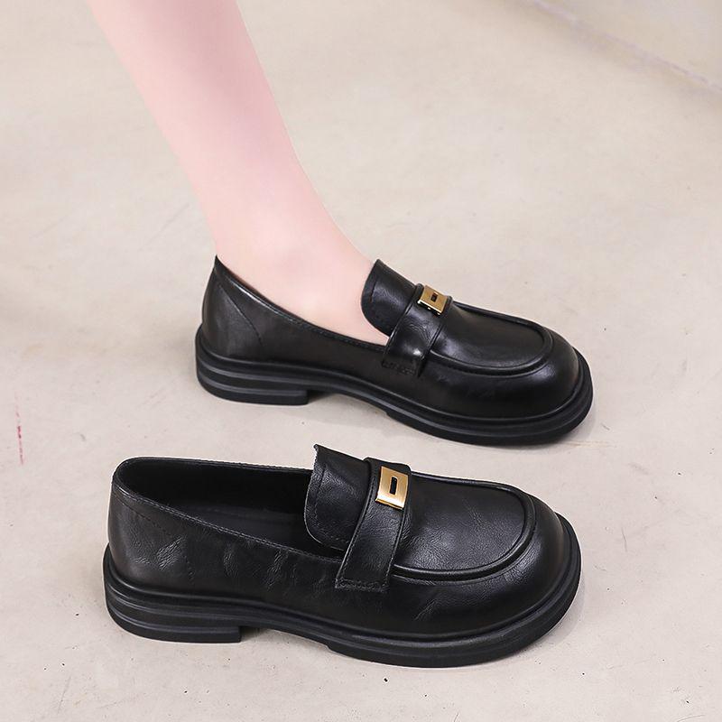 

Women s Retro British Genuine Leather Loafers - 2025 Black Slip-On Round Toe with Thick Sole Size 37