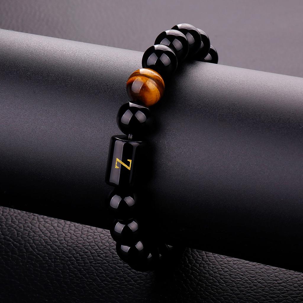 26-Letter Natural Stone Bracelet, 10mm Tiger'S Eye Bead Bracelet, Braided Rope Letter Bracelet, Adjustable For Men.