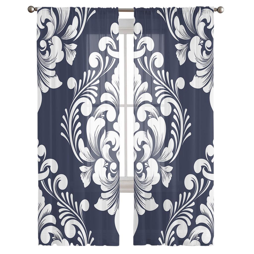 Klasický luxusní damaškový námořnicky modrý tylový okenní závěs průsvitné volány závěsy do obývacího pokoje domácí dekorace závěsný panel
