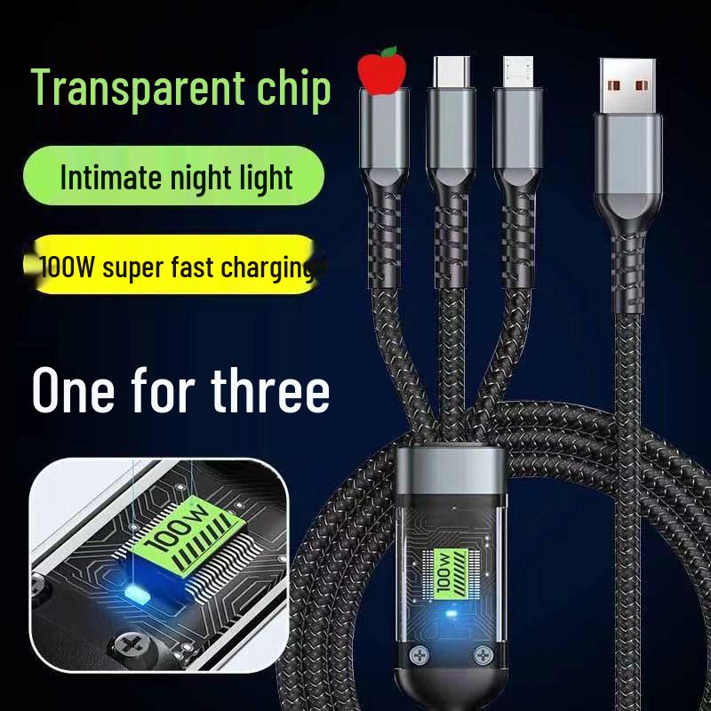 100W Transparent 3-in-1 Fast Charging Cable 6A for Android & Huawei - Braided Design