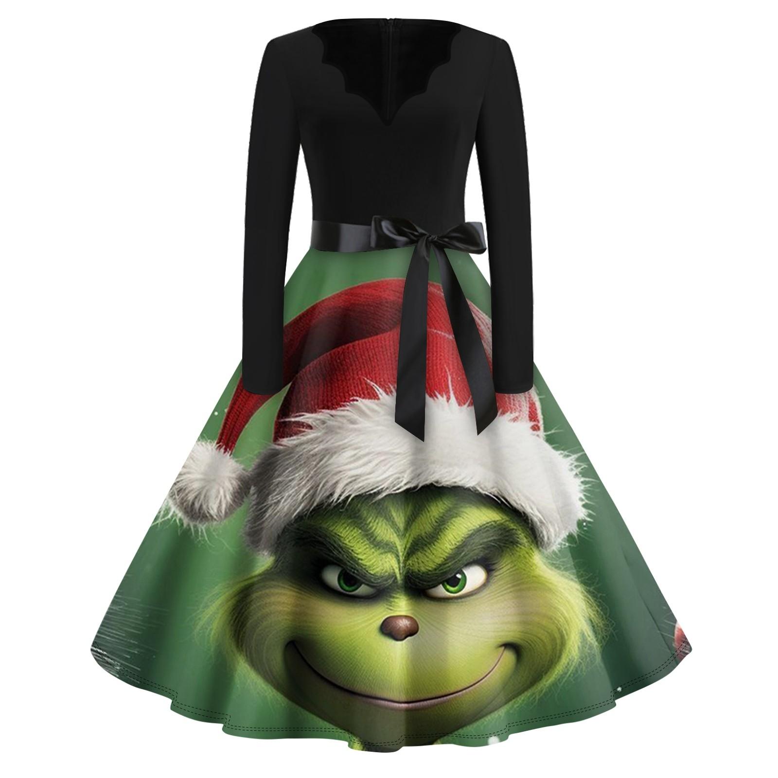 

Женское повседневное модное длинное платье с V-образным вырезом и длинным рукавом с рождественским принтом в винтажном стиле XXXL зелёный