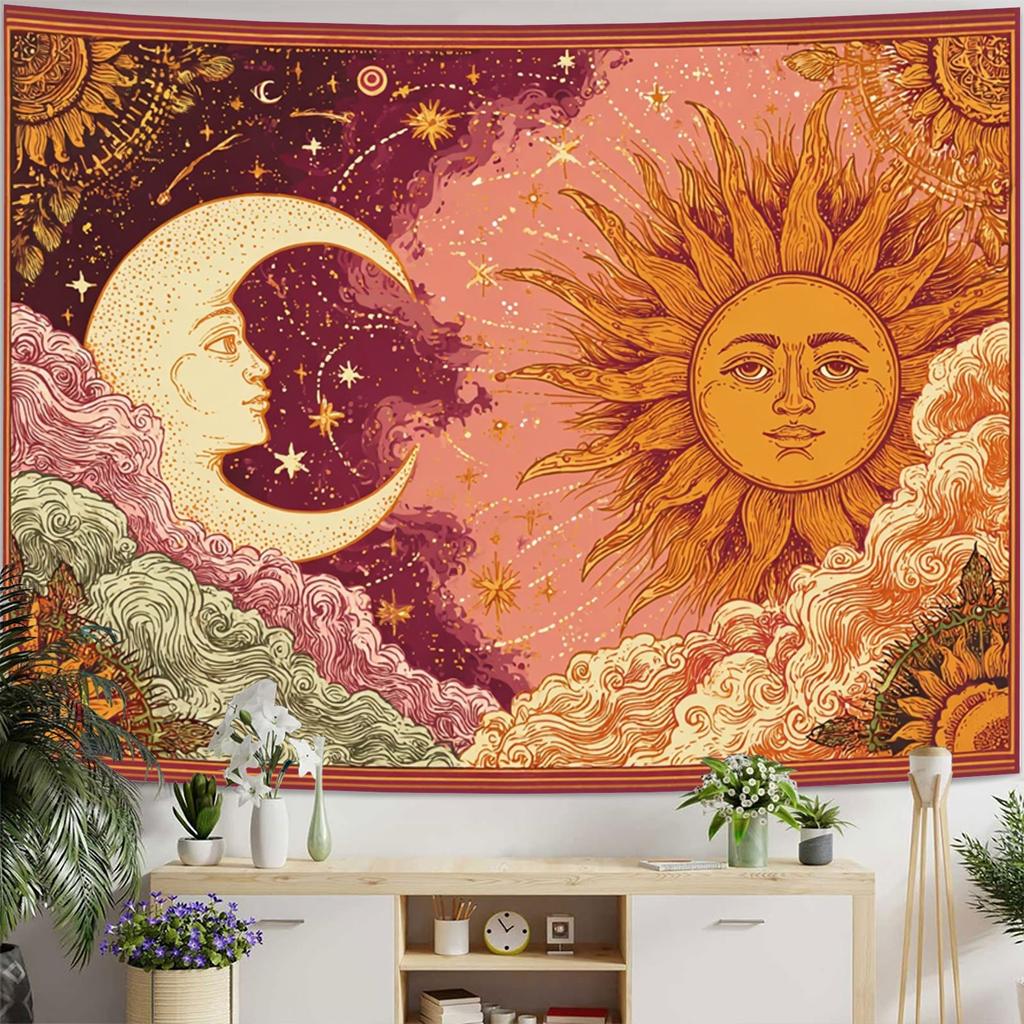 VIKAMA Retro Bohemian Sun Moon Star Tapestry Hand drawn Sun Moon Cloud Printing Hanging Cloth Room Decoration
