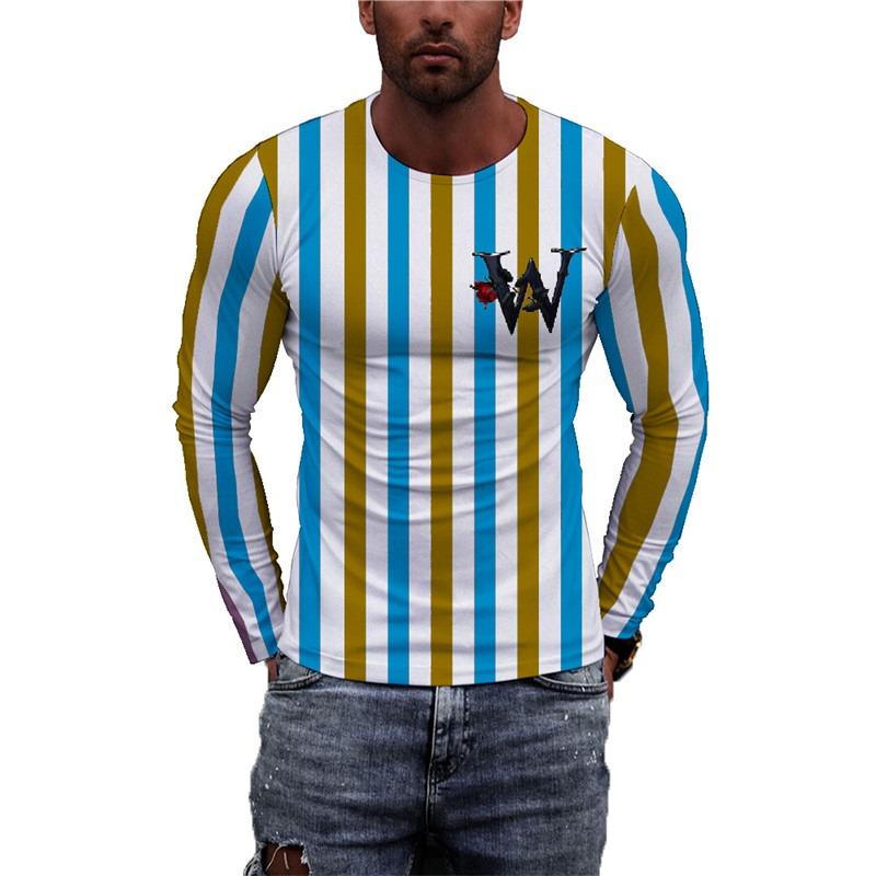 Long Sleeve Striped Men's Fashion T-Shirts Loose Casual Oversize Breathable Tops 3D Printed Letters Street Hip Hop Male Top Tee