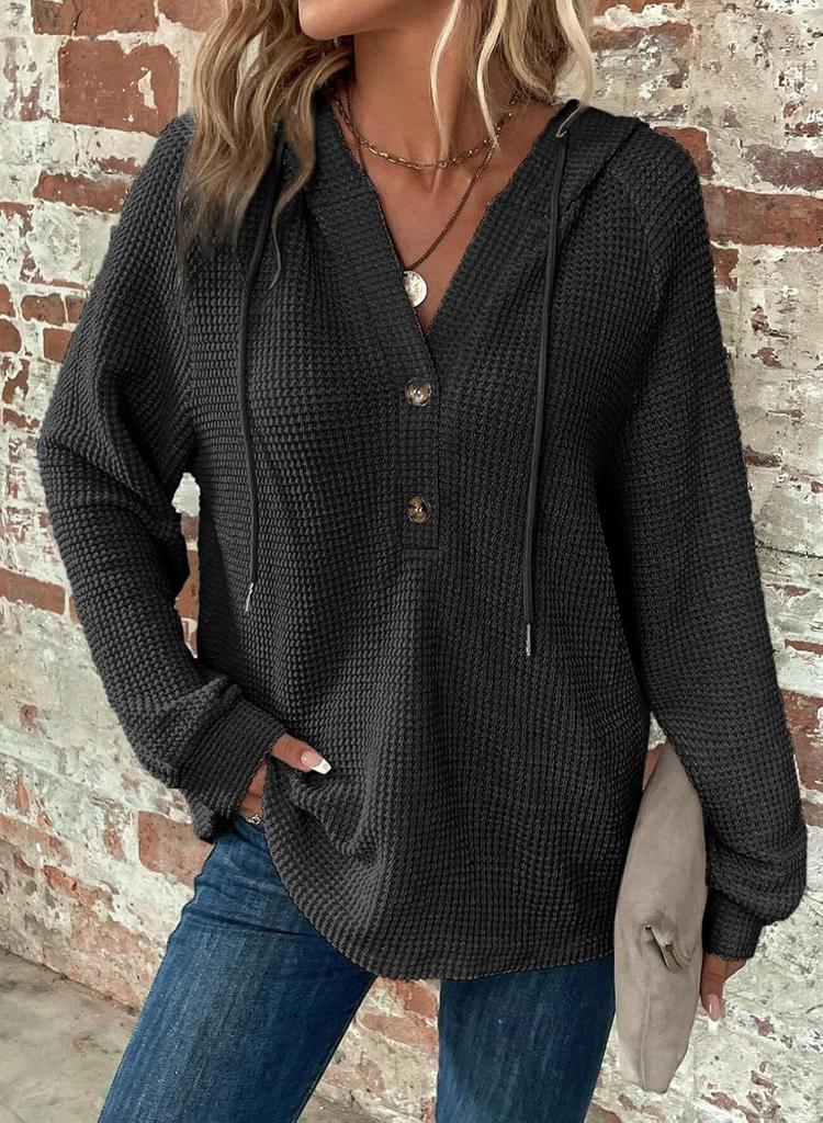 Women's Waffle Knit Hoodie V Neck Button Drawstring Hoodies Casual Long Sleeve Pullover Sweatshirt