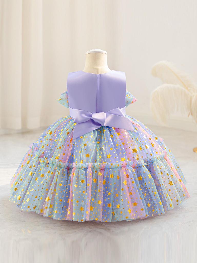 Summer 2025 Girls' Star Gradient Sleeveless Mesh Princess Dress with Butterfly Design for Formal and Piano Events