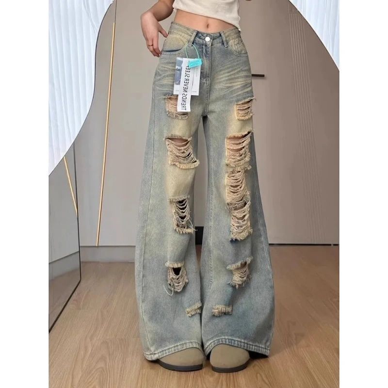 Jeans Retro Vechi Rupeți de Toamnă Blugi cu Picior Larg Pantaloni Largi pentru Femei Blugi Baggy