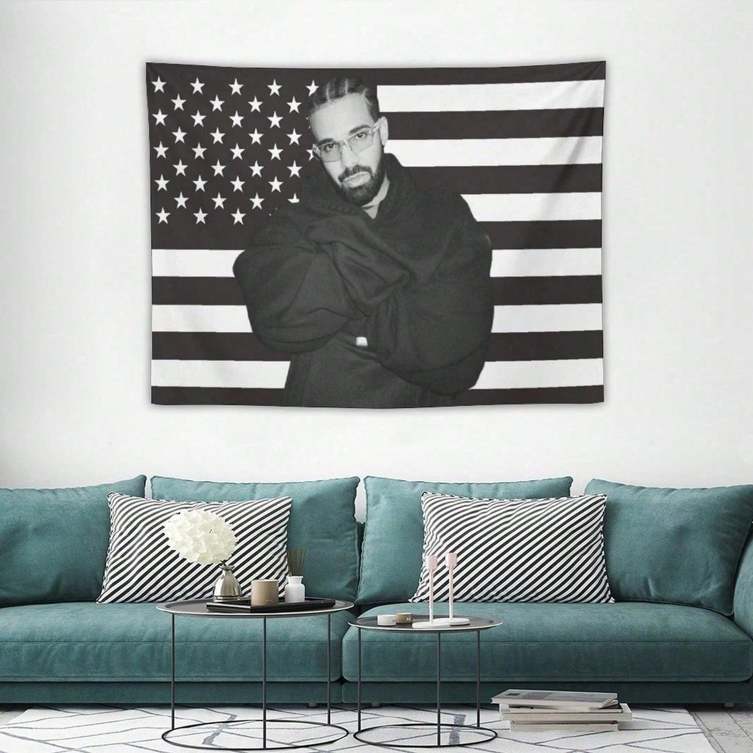 Jmg Household Supplies Unisex Black/White 1Pc Music Drake Retro Album And American Flag Tapestry For Living Room Bedroom Background Cloth Decorative Hanging