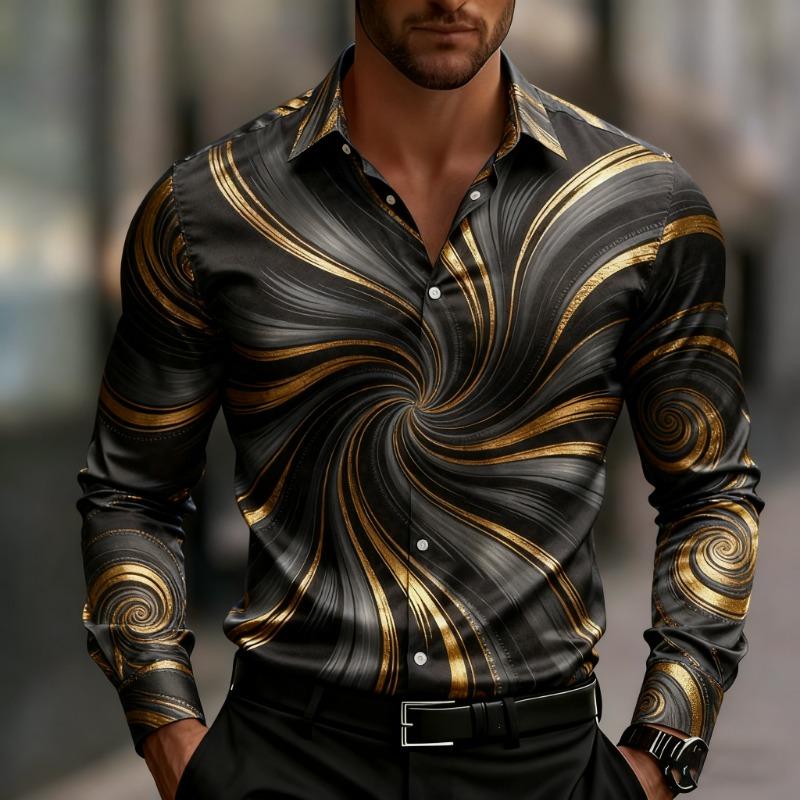 Camicia da uomo a maniche lunghe con stampa geometrica, elegante camicia button-down, moderno motivo a vortici e righe per l'uso quotidiano.