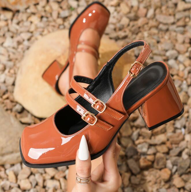 Size36-45 Women Slingback Chunky Heel Comfort Square Toe Pumps Mary Jane Baotou Women Sandals Summer Thick Heels High Heel Shoes