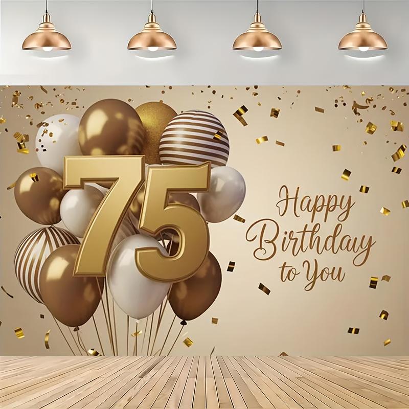 1 Goldener Ballon 75. Geburtstag Party Hintergrund - Polyester Material mit goldenem Konfetti und "Happy Birthday"