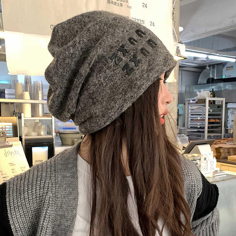 Premium sense stack hat women's big head circumference gray hat lazy wind bag head hat warm versatile cold hat