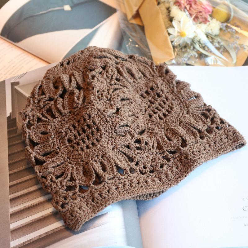 Ethnic Exotic Style Wide Hand Hook Sunflower Retro Baotou Hat Spring and Summer Hollow Cotton Thread Knitted Hat