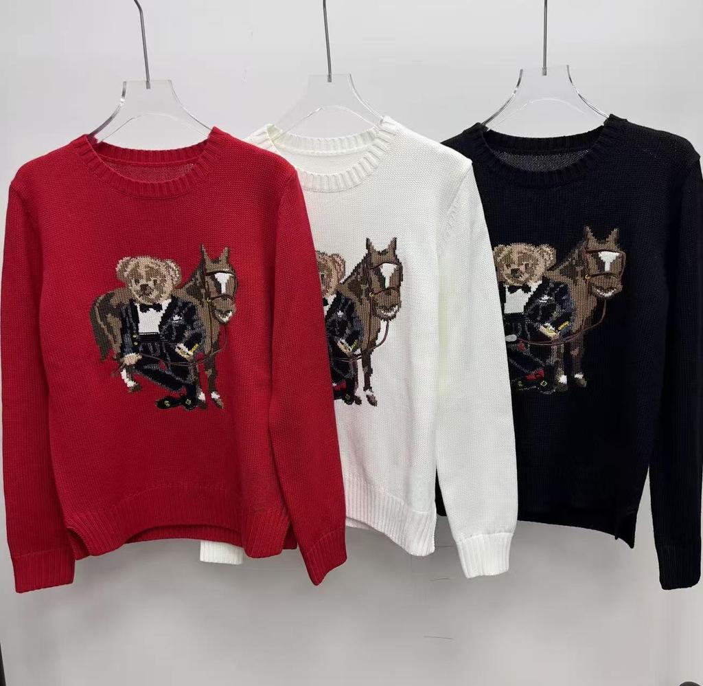 2025 R.L Wool Blend Cartoon Bear Round Neck Sweater - Women's Autumn/Winter Versatile Embroidered Style