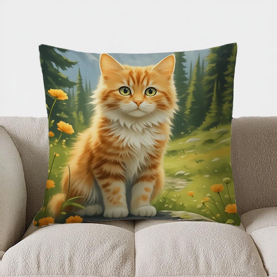 Home Decor Cute Orange Cat In Forest And Flowers Pillow Pattern Cushion Cover Suitable For Sofa Bedroom Car Pillow Cover