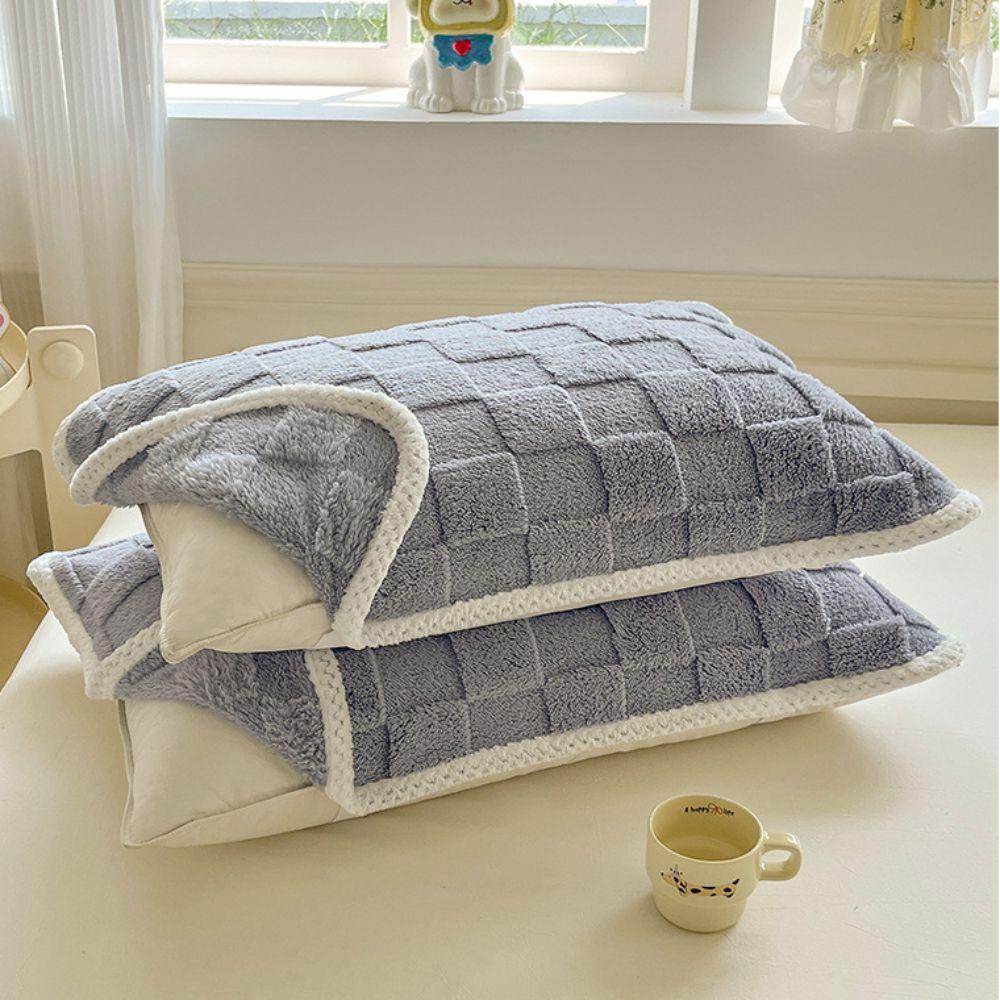 2 pieces Plush Pillow Cover Elastic Strap Pillow Towel Grid Jacquard Pillowcases  Dormitory