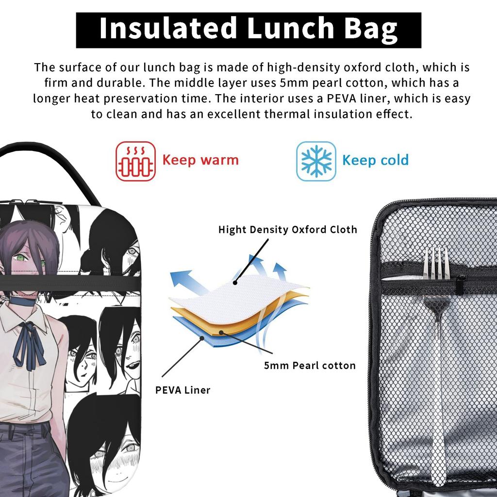 C-Chainsaws Man Reze Insulated Lunch Bag Portable Anime Manga Reusable Thermal Bag Tote Lunch Box Office Outdoor Girl Boy