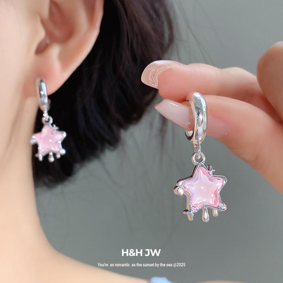 Silver Needle with Diamonds, Resin Star C-shaped Stud Earrings, Japanese and Korean Ins Sweet and Delicate Earrings, Niche High-end Earrings.