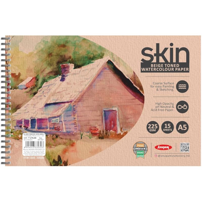 Anupam Skin Toned Watercolour Paper Wireo Book - Beige Toned - Cold Press Paper - 225 Gsm - 15 Sheets - A5