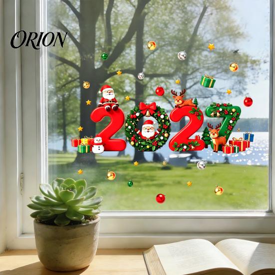 Holiday Party Decorations 2027 Christmas New Year Window Clings, Santa Reindeer Gift Ball Static Easy Installation Stickers Decals, PVC Removable