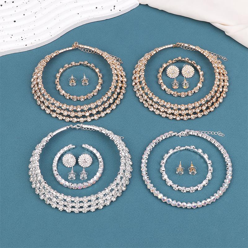 3Pcs Women'S Jewelry Set With  Multi-Layer Collars Necklace Earrings Bracelets Wedding Party Accessories