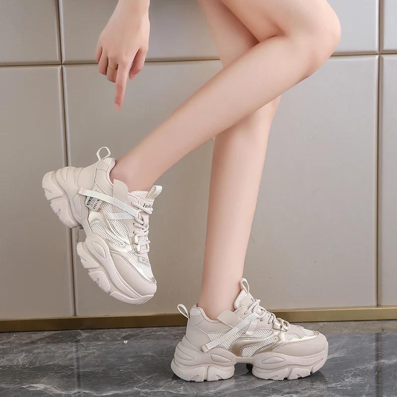 fashion Thick Lace Up Casual Women's Vulcanized Shoes Sports Breathable Leather Thick Sole Mixed Color Outdoor Casual Women's Mesh Shoes