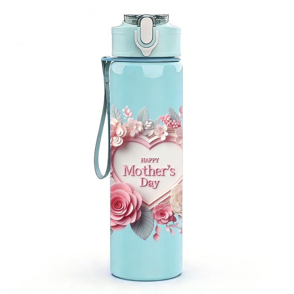 1PC Rose Flower Wreath Letter Print Pattern 750ml Color Plastic Sports Water Bottle Leakproof Flip Straw Lid Suitable for Sports Office Home Use