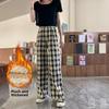 GMXIA Fleece Plaid Pants Women's Autumn and Winter Thickened High-waisted Slimming Straight Leg Casual Floor Wide Leg Pants