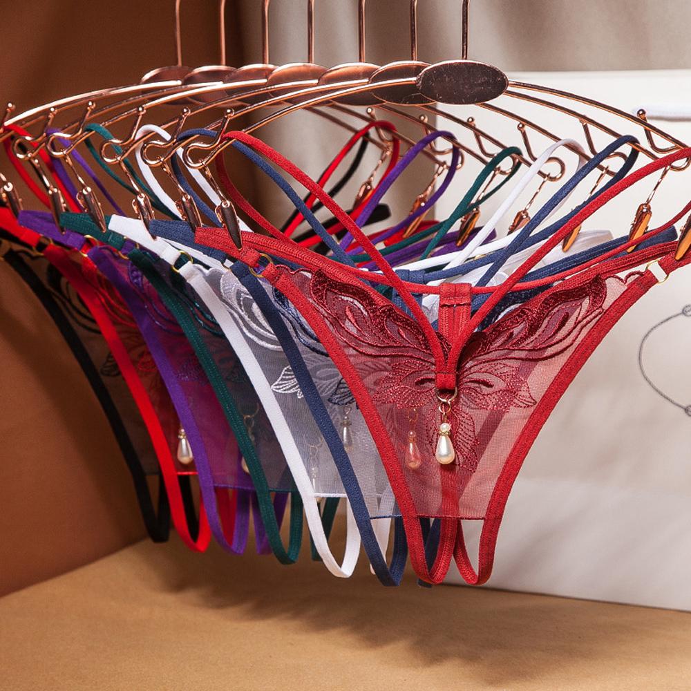

Open Crotch Fashion Pearl Decor Embroidered T Panties Sexy Briefs Lace G-String Women Thong
