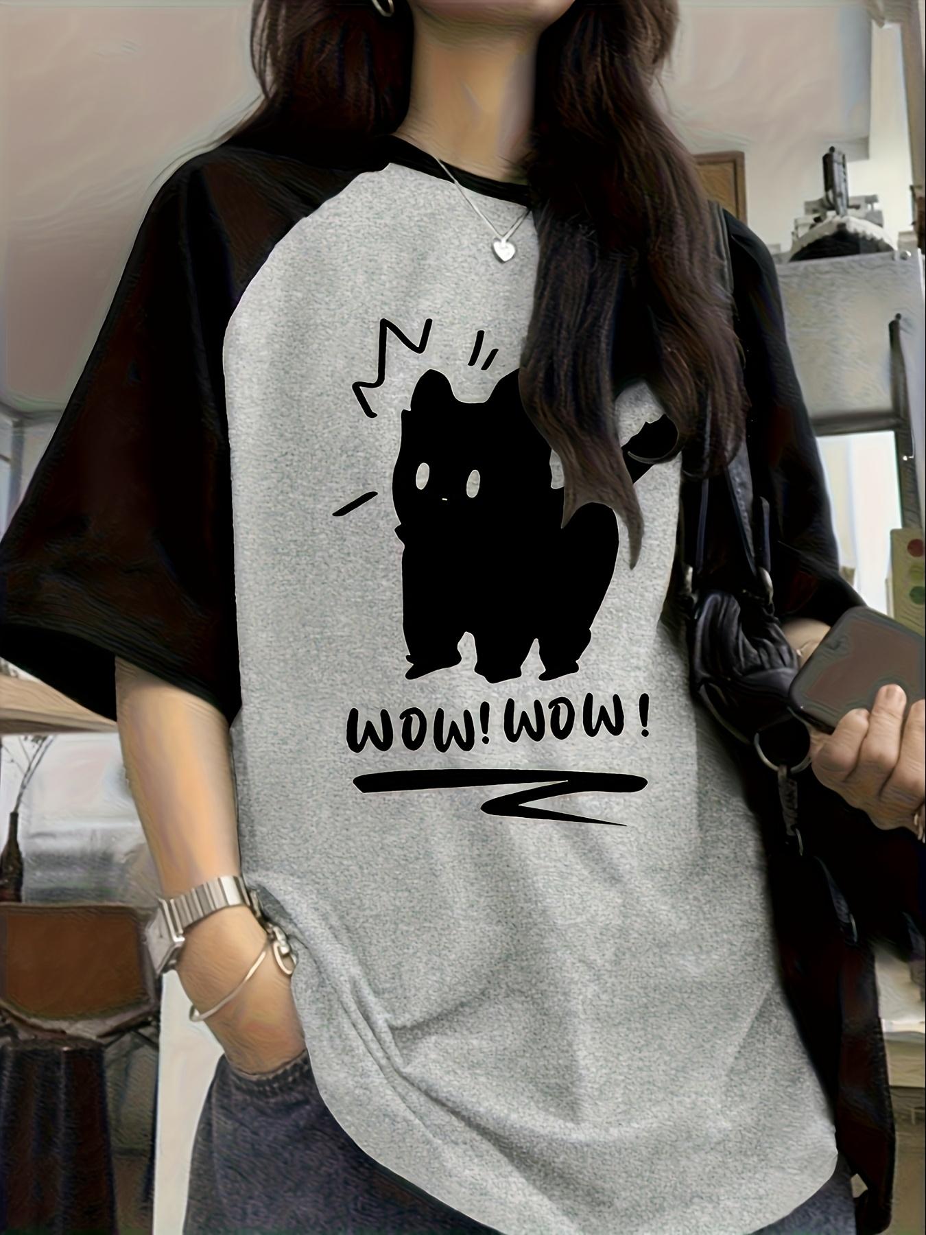 Crew neck top with cute cat print and lettering print XXS