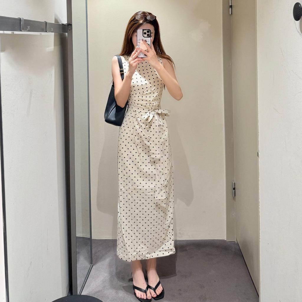 Französisches gepunktetes ärmelloses Kleid Damen Sommer Temperament schmale Taille kleine Hüfte Wickelrock mittel und lang