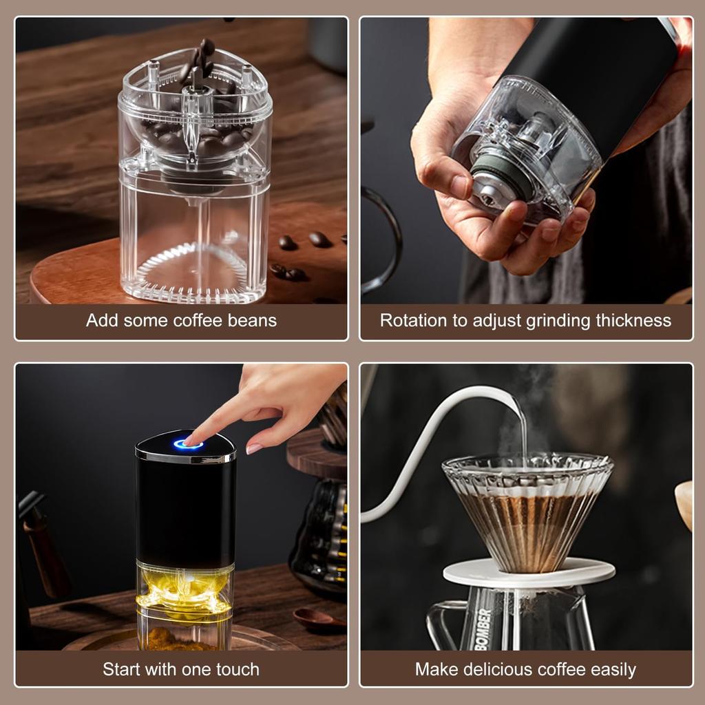 Small Portable Electric Tapered Burr Coffee Grinder USB Rechargeable Beans Grind Settings from Fine to Coarse For Office Home
