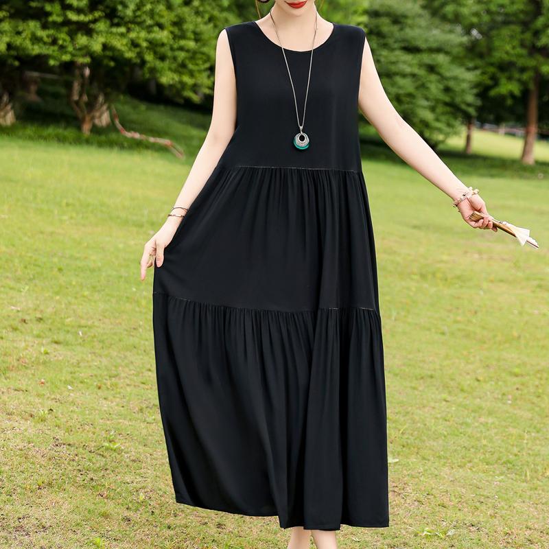 Elegant Sleeveless Dress for Women Plus Size Loose Vintage Print Long Dress Summer Middle-aged Women's Clothing