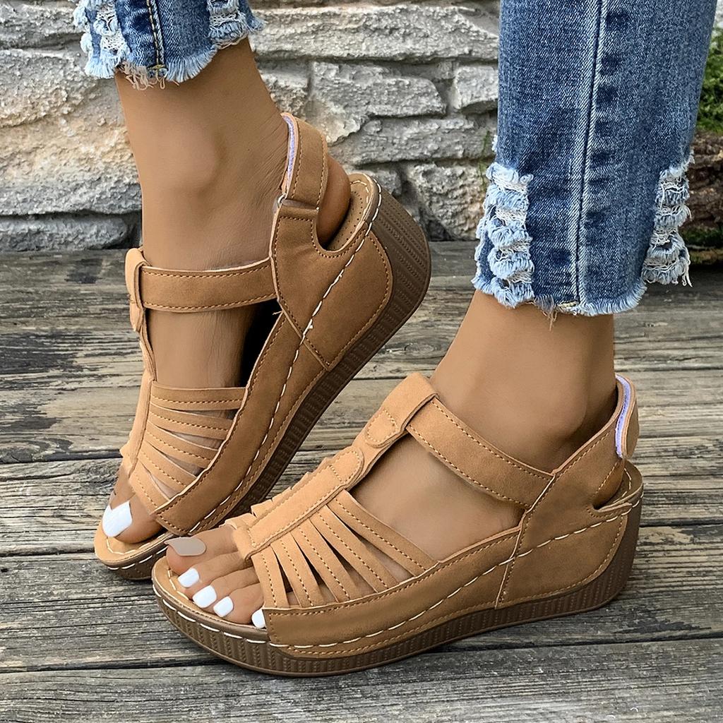 Fashion Bohemia Narrow Band Gladiator Women Summer Casual Platform Wedge Heels Sandals Back Strap Soft Sole Velcro Strap Mom's Shoes