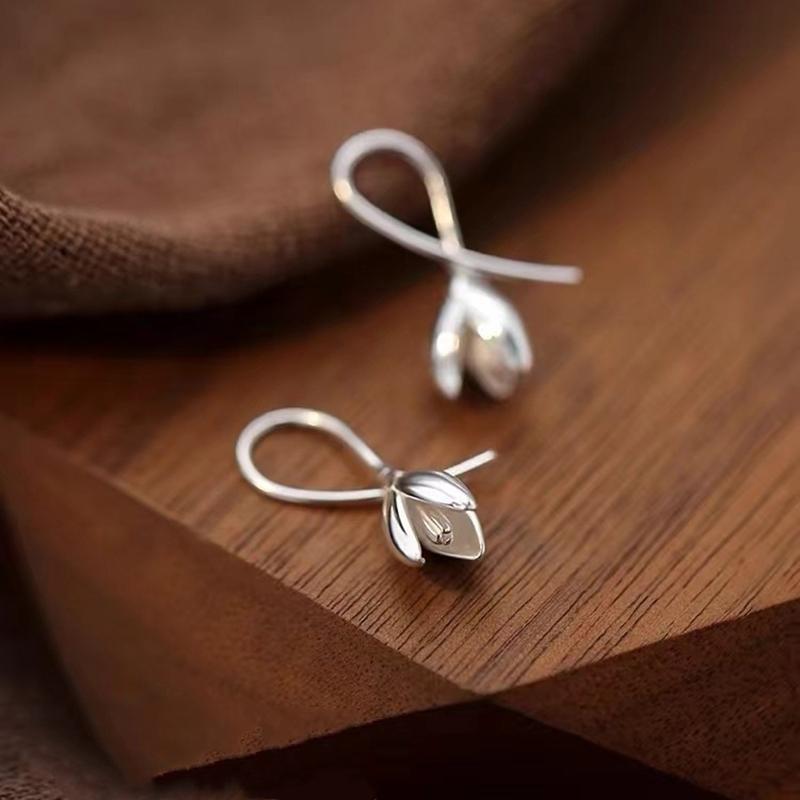 925 Silver Flower Plant Stud Earrings For Women Classic Fine Jewelry Light Luxury Accessories In Summer