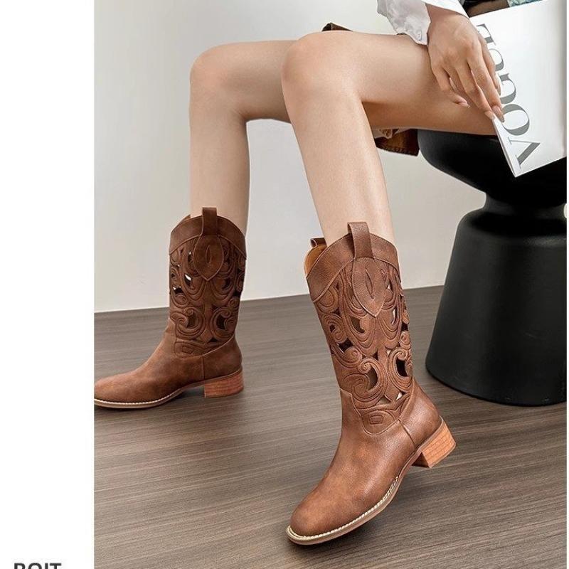 New Hollow Embroidered Vintage Western Boots Women Autumn Chunky Heels Knee High Cowboy Boots Woman Leather Knight Boots