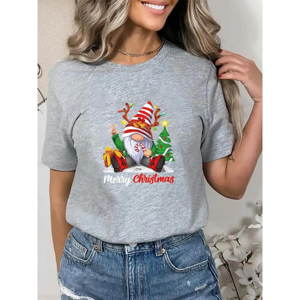 Merry Christmas Printed T-shirt Women's Short Sleeve Round Neck Loose T-shirt Summer T-shirt Dwarf Family Christmas Pattern Women's Top
