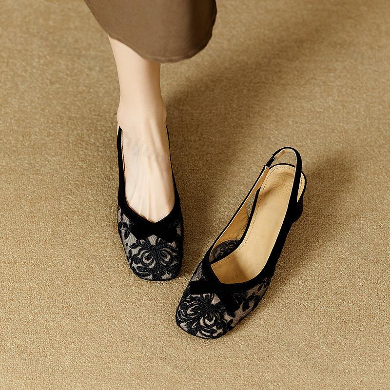 Fashion Elegant Bow Embroidered Design Back Strap Casual Sandals for Women 2025 Summer New Mesh Breathable Comfortable Square Head Pumps