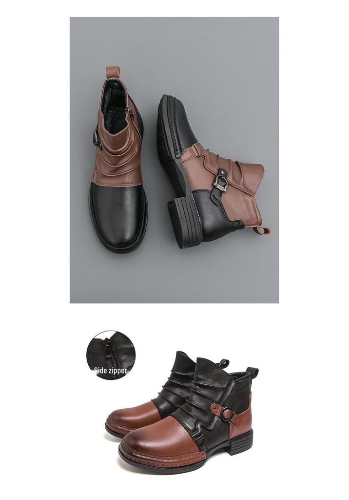 Men's Autumn Color Block Leather Ankle Boots - Plus Size, Thick Sole, British Style, Zipper High Tops, Formal & Casual.