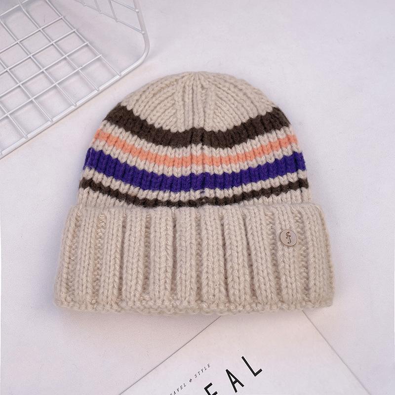 Hat Women's Autumn and Winter Outdoor White Belt Knitted Hat To Protect Against Cold and Warm Niche Color Blocked Woolen Hat for Women