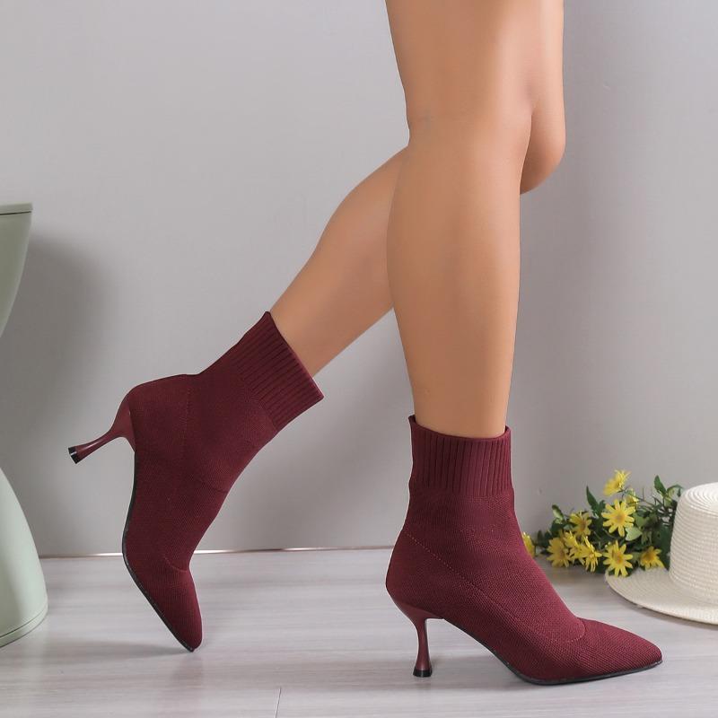 Botas de salto alto Stiletto Ankle Boots para mulheres - Sapatos confortáveis e respiráveis sem cadarço com cabedal de tecido, sola de borracha e bico fino
