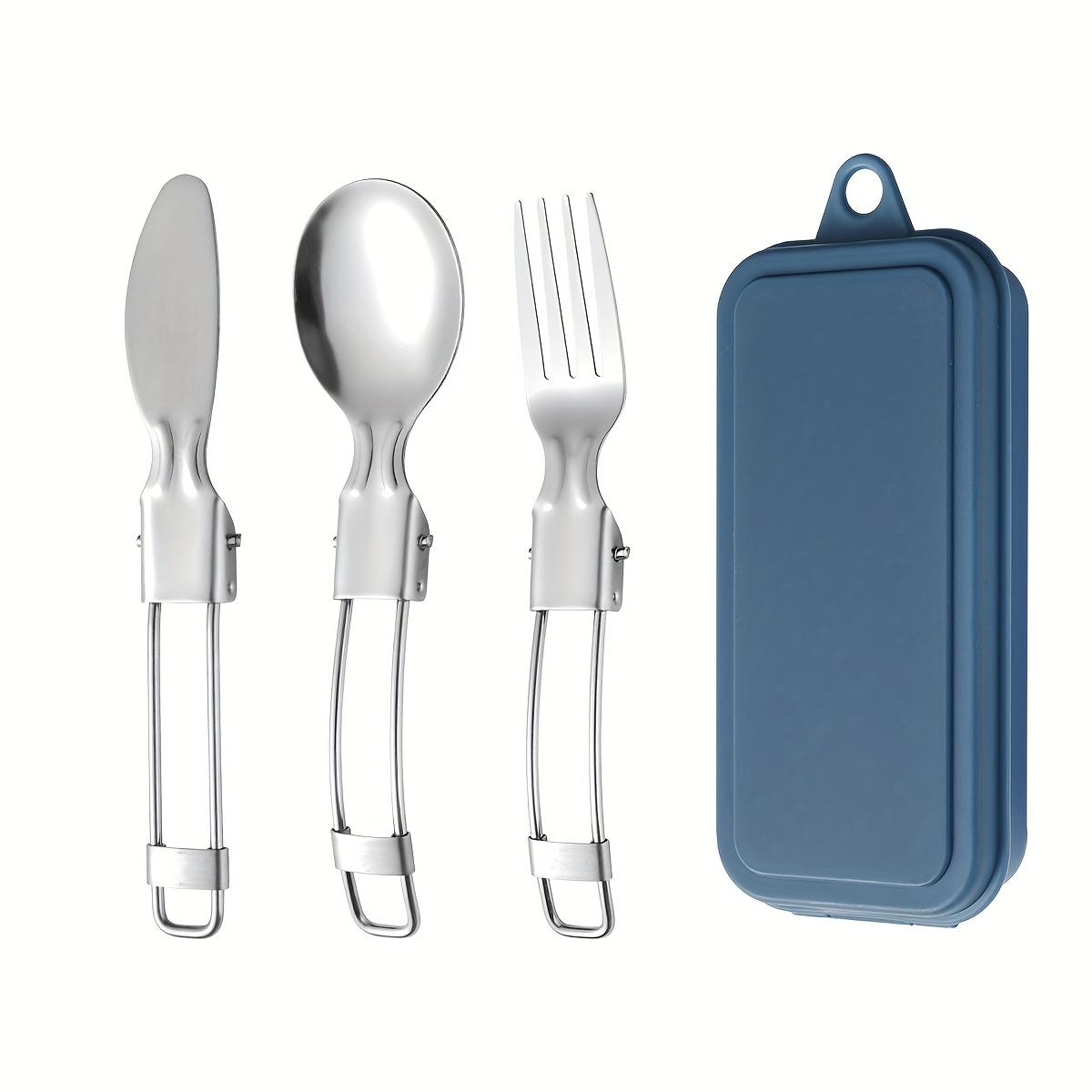 

3pcs Portable Stainless Steel Cutlery Set, Folding Knife Fork Spoon for Camping, Travel, Office & Outdoor Gifts. синій