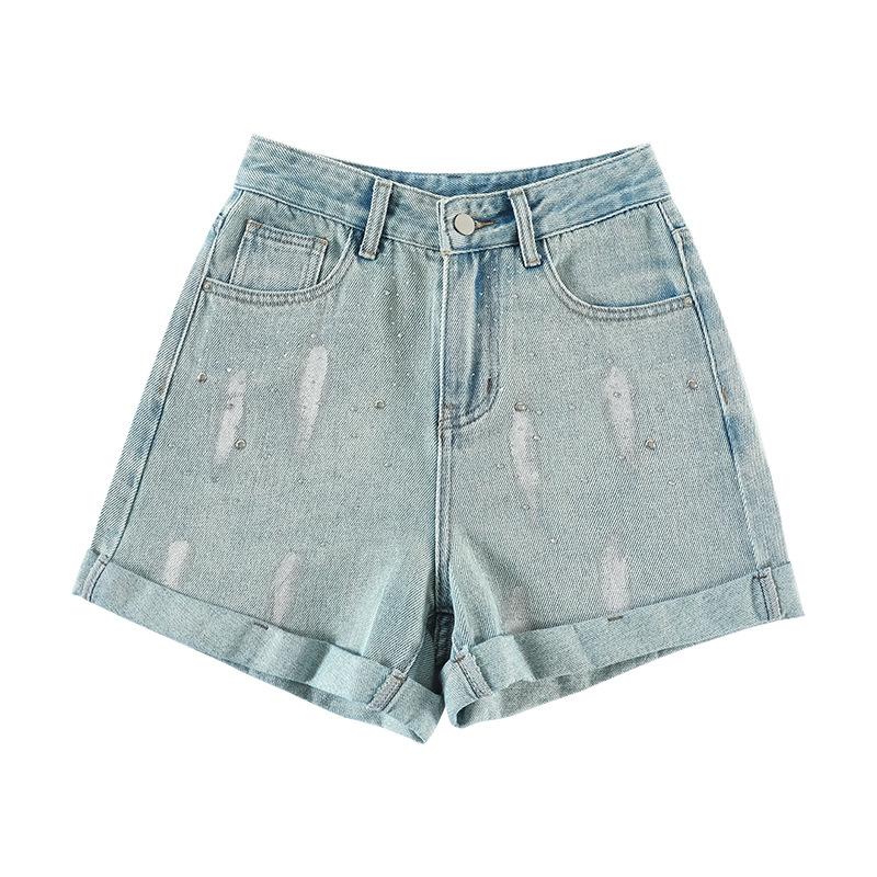 High-waisted New Slim Curly Denim Shorts for Women In Summer Blue Thin Ironing Diamond Loose Wide-leg Pants