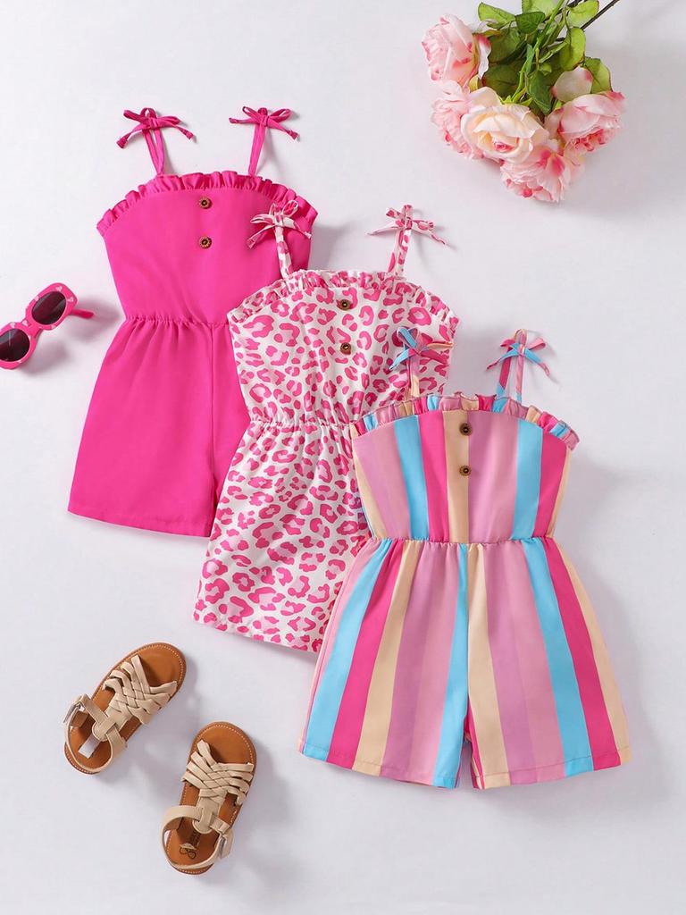 3-Piece Girls' Casual Set: Pink Leopard Romper, Colorful Striped Shorts, Bow, and Suspenders