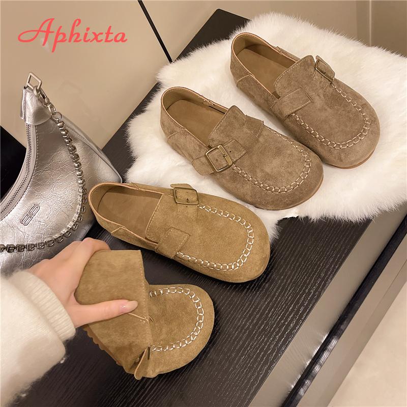 Fashion Aphixta Suede Upper Flat With Woman Loafers Shoes Sewing Design Slip on Ladies Shoes Khaki Round Toe Casual Shoes