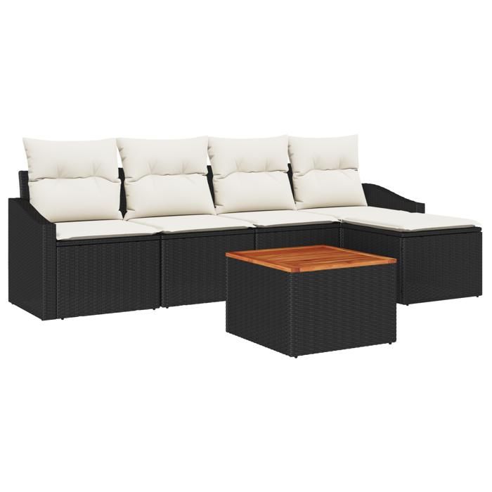 VidaXL Ensemble de Canapés de Jardin de 6 Pièces avec Coussins Noir Poly Rattan Acacia 3347817