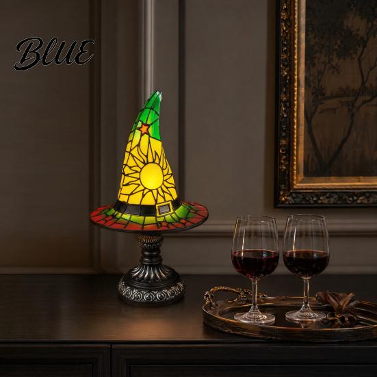 Handcrafted Witch Hat Ornament Stained Glass Lamp Table Lamp with Inline Switch USB Powered Decorative LED Desk Style Halloween for Bedroom
