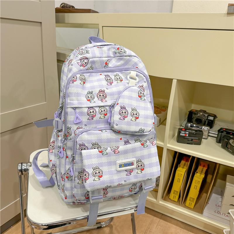 

School bag large capacity cute backpack school season junior high school school bag printing cartoon rabbit girl plaid backpack tide