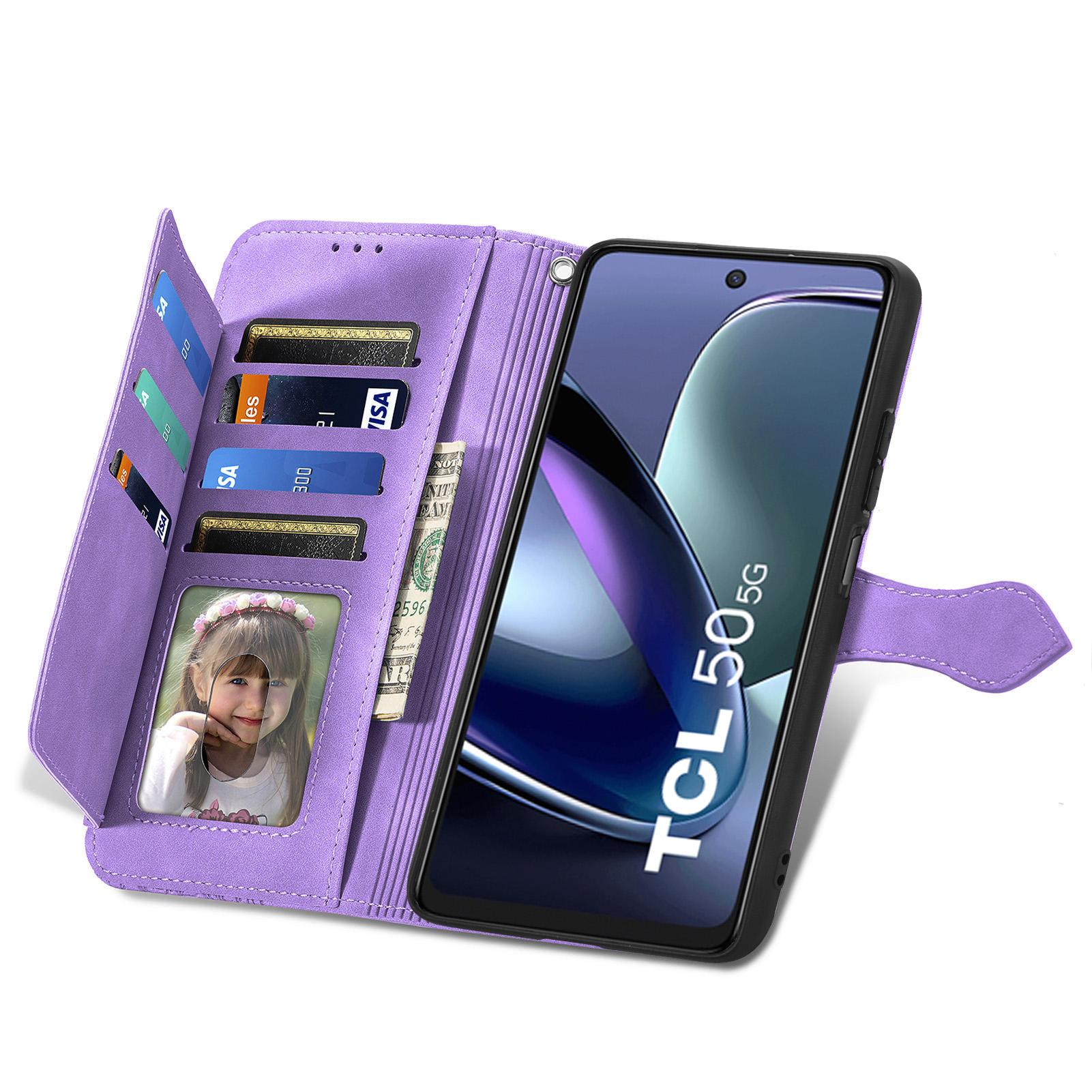 

For TCL 50 5G Zipper Wallet Case with Strap Flower Imprint PU Leather Phone Cover Light Purple