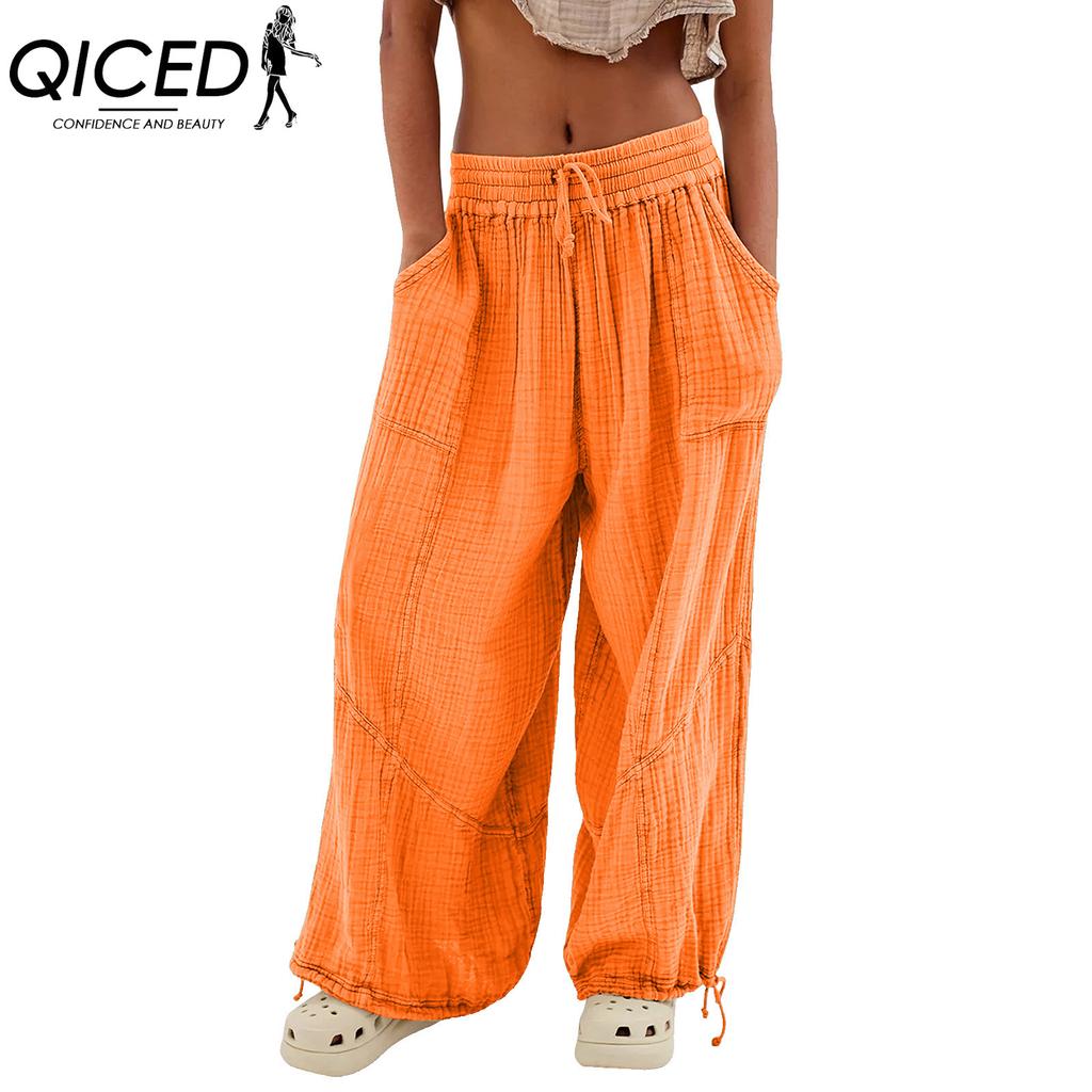 QICED 8 Color Women High Elastic Waist Trousers Wide Leg Loose Pants Deep Vest Pleated Ankle Pockets Solid Color Soft Ladies Casual Pants